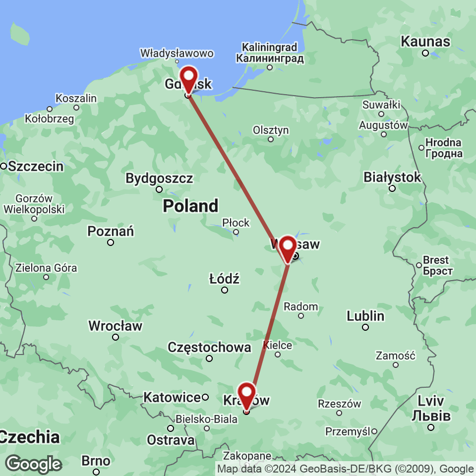 Route for Krakow, Warsaw, Gdansk tour
